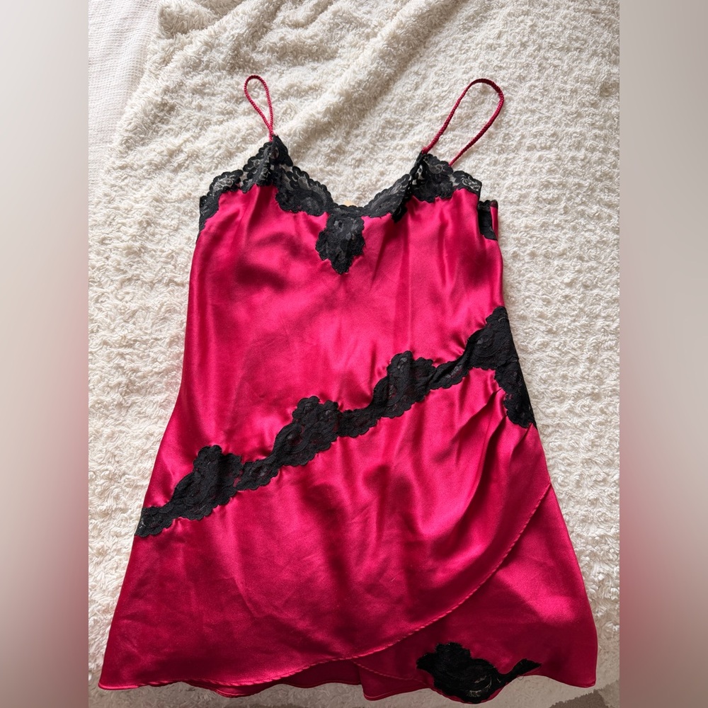 Victoria's Secret Fuchsia Satin Slip with Black Lace Trim